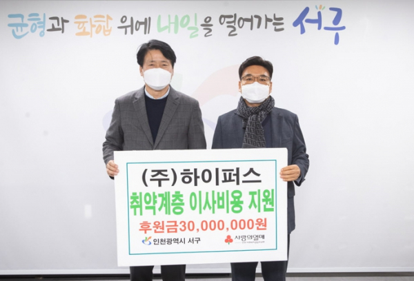 ㈜하이퍼스, 취약계층 이사비용 지원…서구에 3천만원 전달