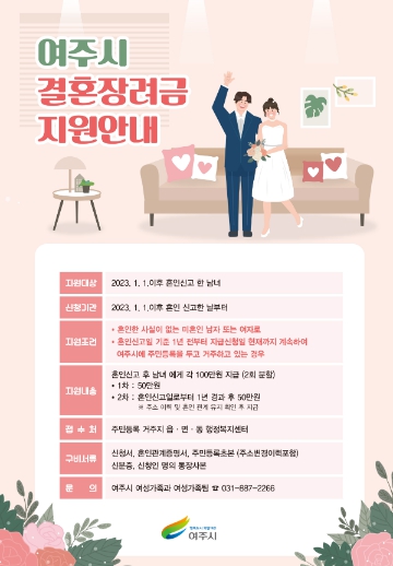 여주시 2023년부터 결혼장려금 지원