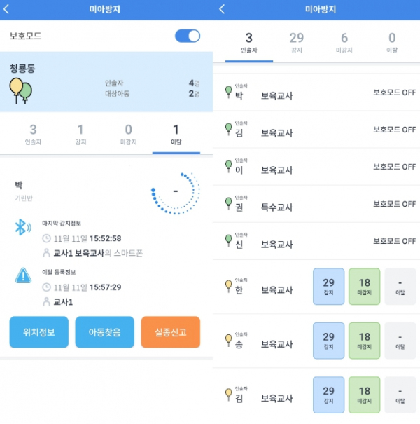 보육교사가 사용하는 스마트 지킴이(미아방지알림)’ 앱 화면