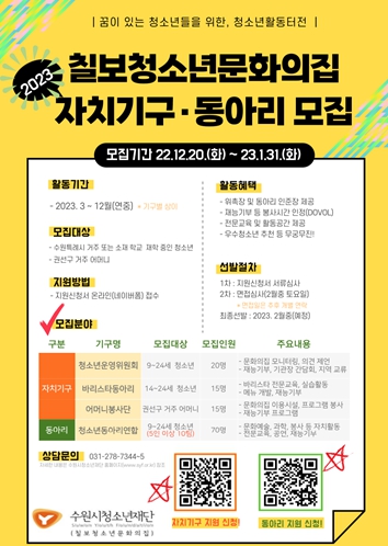 칠보청소년문화의집, 2023년도 자치기구 및 동아리 대 모집