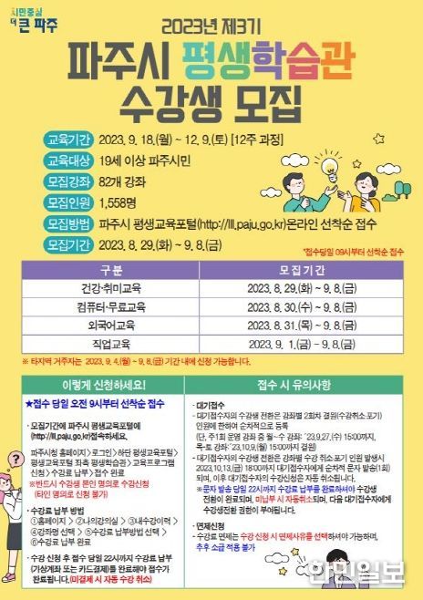 제3기 파주시 평생학습관 수강생 1,558명 선착순 모집