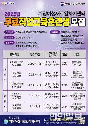 기장군 기장여성새로일하기센터, ‘2025년 직업교육훈련’ 교육생 모집