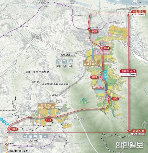 송파하남선(서울3호선 연장) 광역철도 위치도