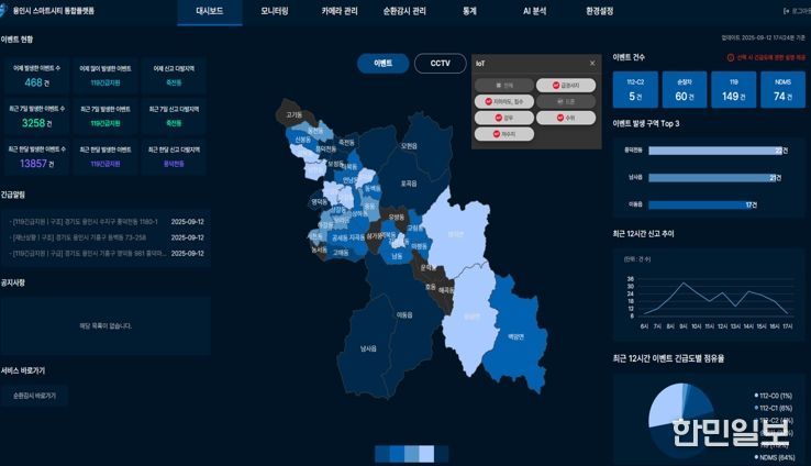 용인특례시가 사물인터넷 센서를 연계한 재난 대응 통합 관제 체계를 구축했다.