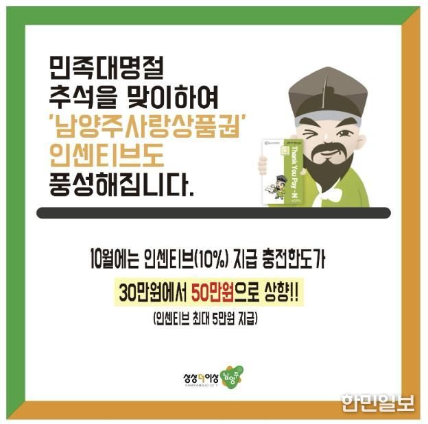 남양주사랑상품권 추석 맞아 10월 인센티브 충전 한도 50만 원으로 확대