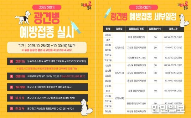 대전 동구, 2025년 하반기 ‘광견병 예방접종’ 실시