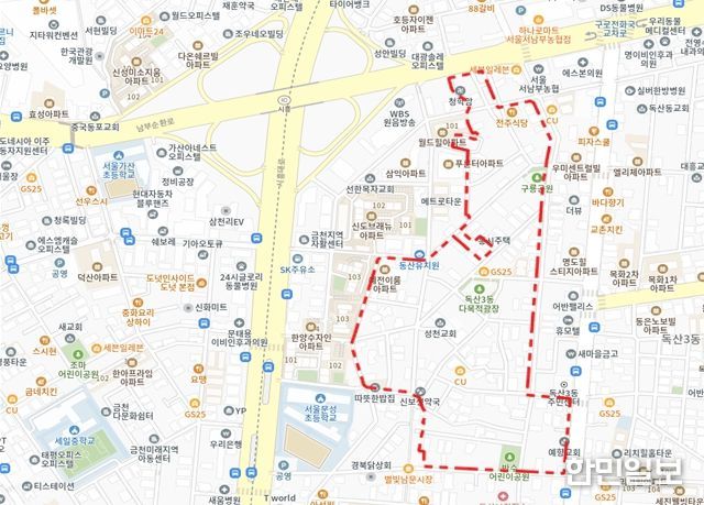 2025년 제6차 주택재개발 후보지 선정구역 - 금천구 독산동 979 일대 위치도(대상지 구역계는 선정위원회 조건이행 및 신속통합기획 등 계획수립 과정에서 변경될 수 있음)