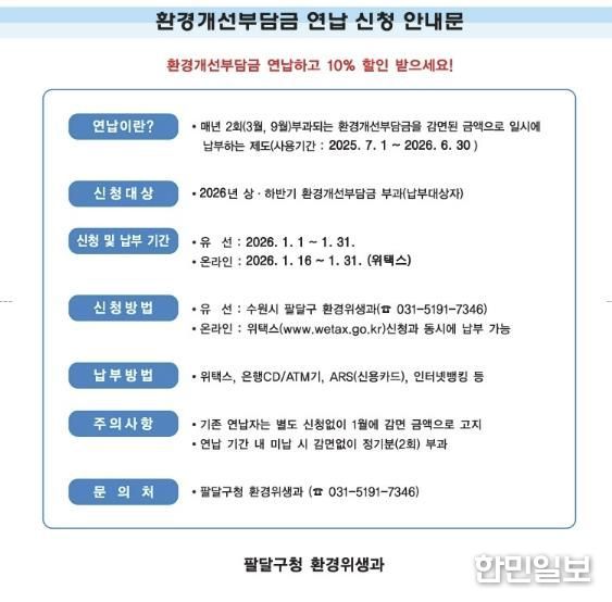 수원시 팔달구, 2026년 환경개선부담금 연납 신청 받아