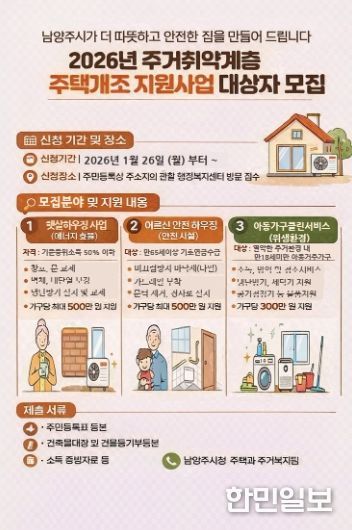 남양주시, 주거취약계층 대상 주택개조사업 신청 접수 개시
