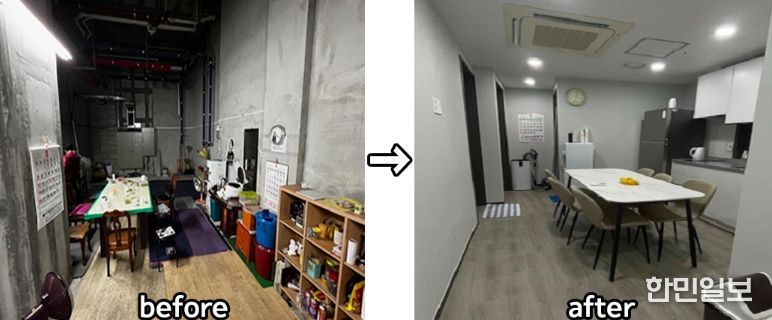 시 지원사업 추진 전 지하 피트층 설치된 경비·청소 노동자 휴게실과 개선 완료한 경비·청소 노동자 휴게실 전후사진