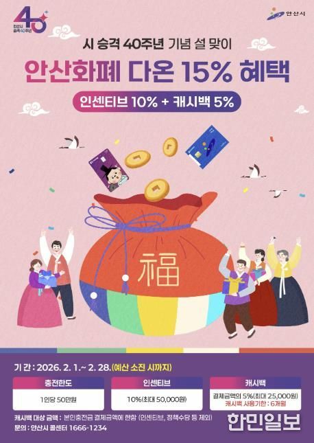 시 승격 40주년 기념 안산화폐 다온 15% 혜택 안내 디지털 홍보자료.