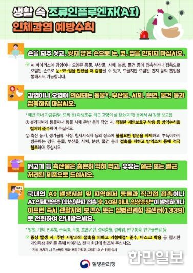 생활 속 조류인플루엔자(AI) 인체감염 예방수칙 안내문.
