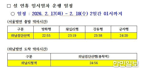 설 연휴 5호선 연장운행 시각표
