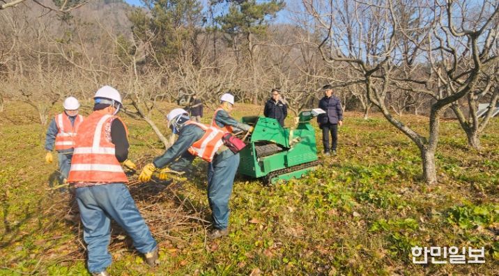 강진군산림조합이 영농부산물 파쇄를 현장에서 실시하고 있는 모습.