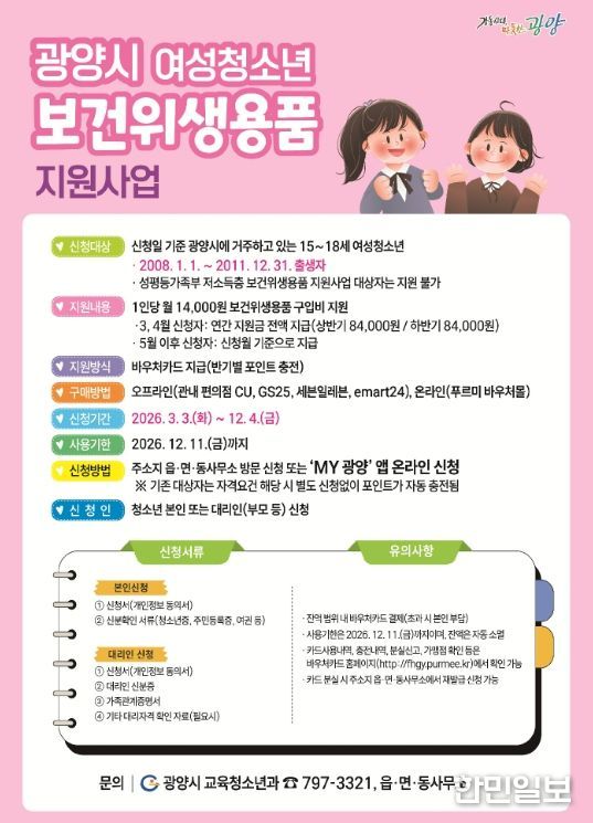 여성청소년 보건위생용품 구입비 지원