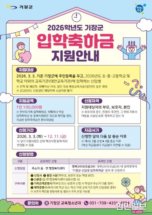 올해도 초·중·고 신입생에게 입학축하금·교복구입비 지원한다