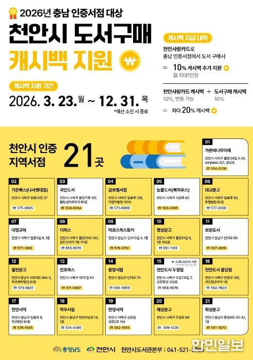 1. 천안시 도서구매 캐시백 지원 홍보문.