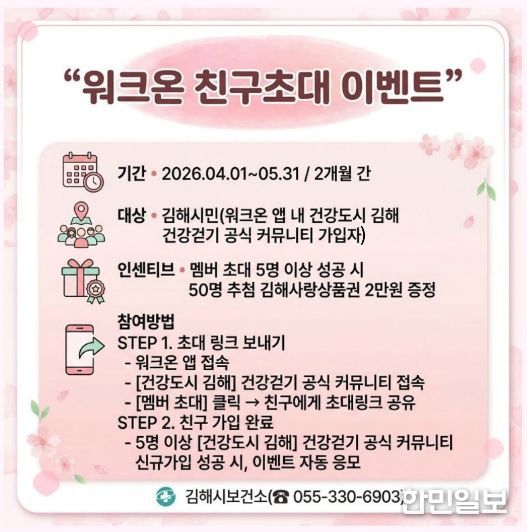 김해시보건소, ‘워크온’ 친구초대 가입 이벤트 추진