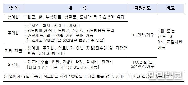 취약계층 위기가구지원사업 내용 : 생계비·주거비·의료비·기타 긴급비 지원