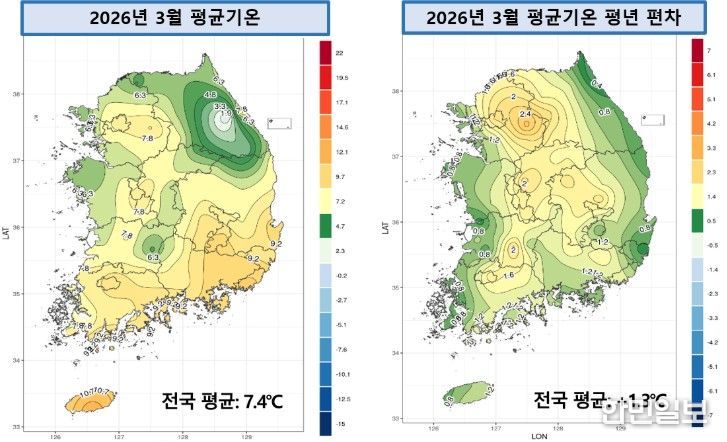 2026년 3월 전국 평균기온 및 평년 대비 편차 분포도