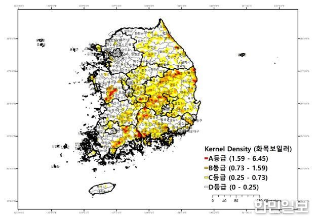 화목보일러 사용가구 Kernel Density 분석 결과 (단위: 가구수/km2)