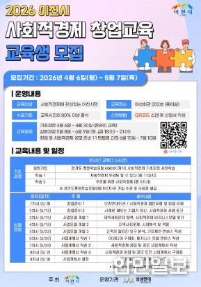이천시, 2026년 사회적경제 창업교육 운영… 2026년 5월 7일까지 30명 모집 중